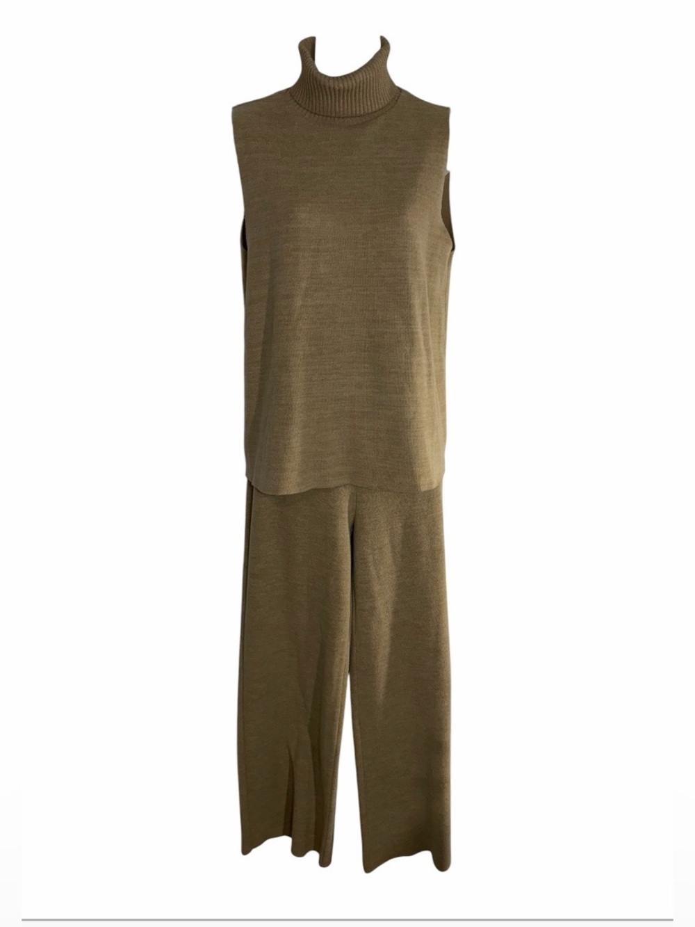 ZARA Beige Knit 2 Piece Set M Neck Sleeveless Top Wide Leg Lounge Pants Camel